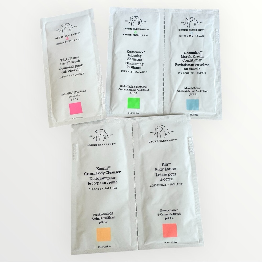 Drunk Elephant Hair/Body Set Shampoo, Conditioner, Scalp Scrub Lotion & Cleanser